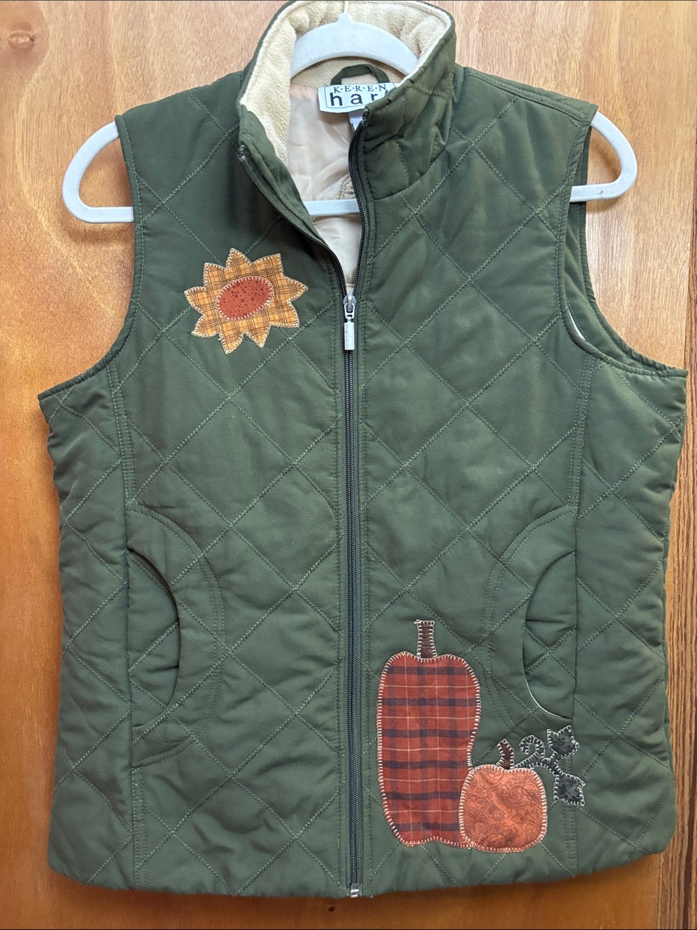 KEREN hart Olive Quilted Vest with Fall Appliqués